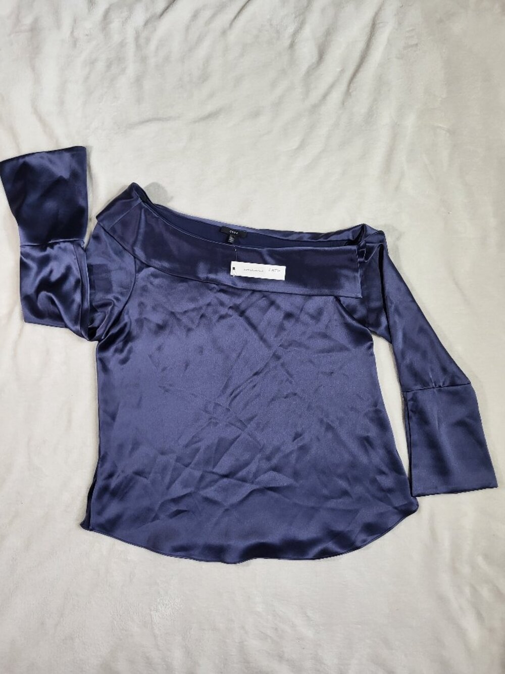 DREW Indigo Off Shoulder Satin Blouse Wide Cuff Sleeves Made in USA - L